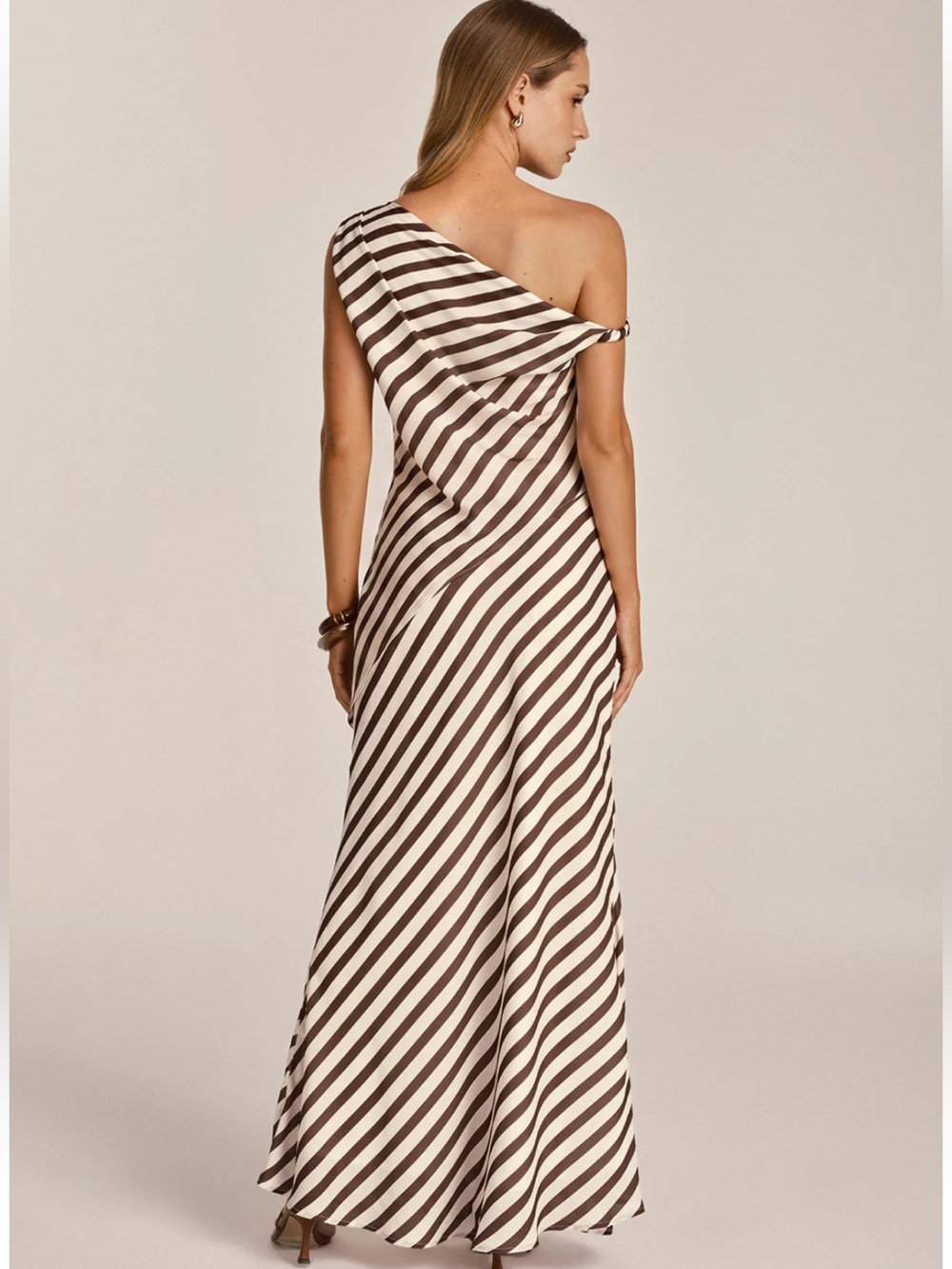Commense Asymmetrical One-Shoulder Striped Maxi Skirt Set- Brown & Cream - Picture 3 of 7